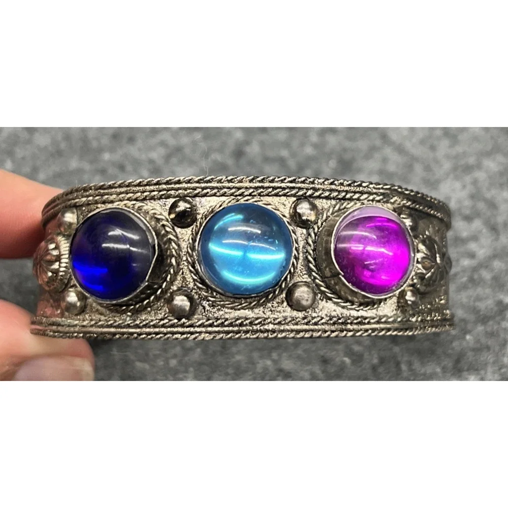 Vintage Tibetan Silver Cuff Bracelet Blue Purple Cabochon Glass Ethnic Bohemian